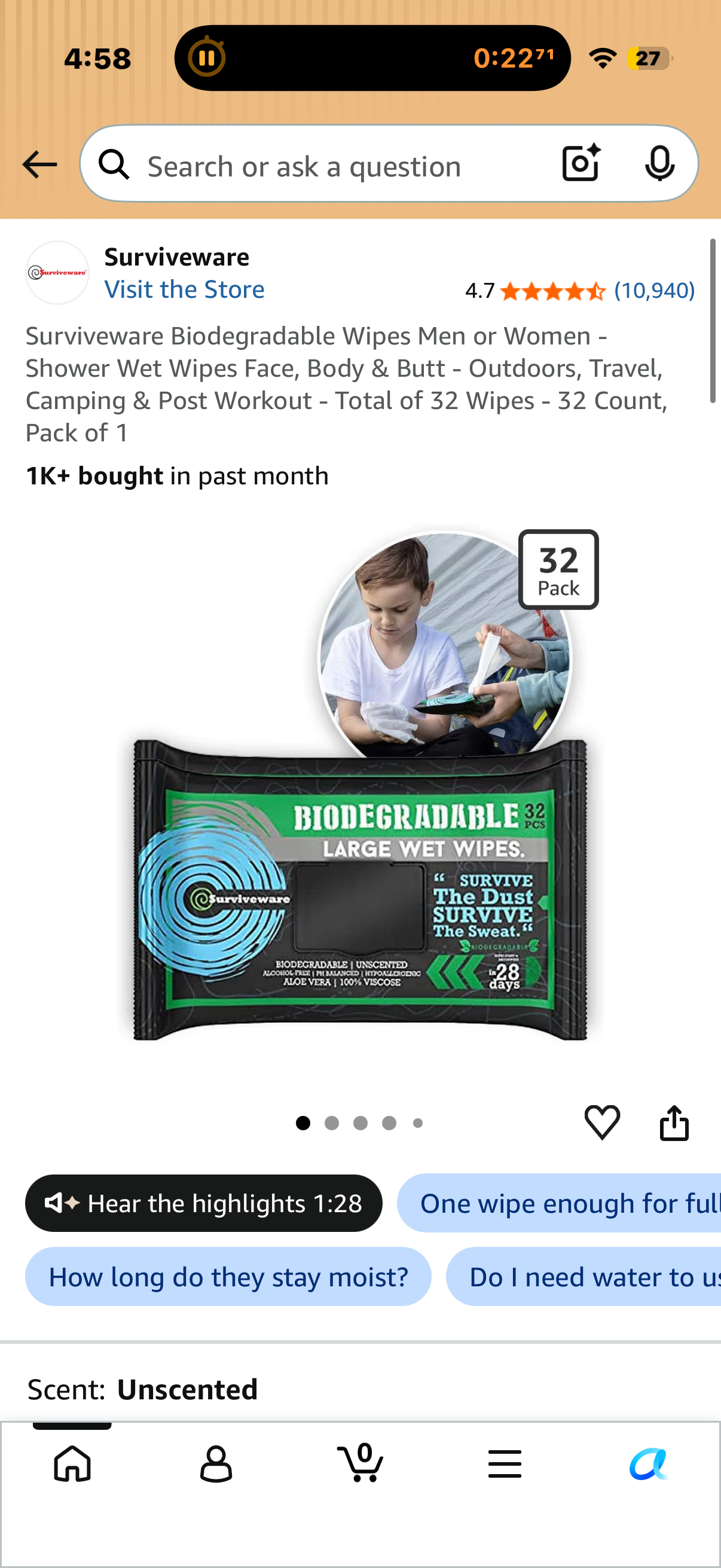 Surviveware Biodegradable Wipes Men or Women - Shower Wet Wipes Face, Body & Butt - Outdoors, Travel, Camping & Post Workout - Total of 32 Wipes - 32 Count, Pack of 1