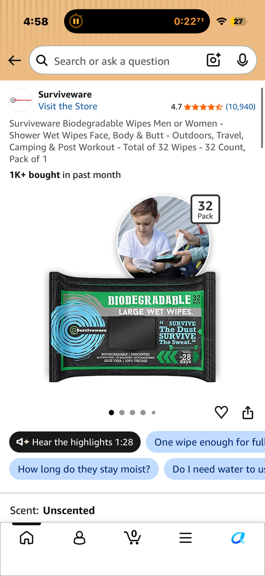 Surviveware Biodegradable Wipes Men or Women - Shower Wet Wipes Face, Body & Butt - Outdoors, Travel, Camping & Post Workout - Total of 32 Wipes - 32 Count, Pack of 1