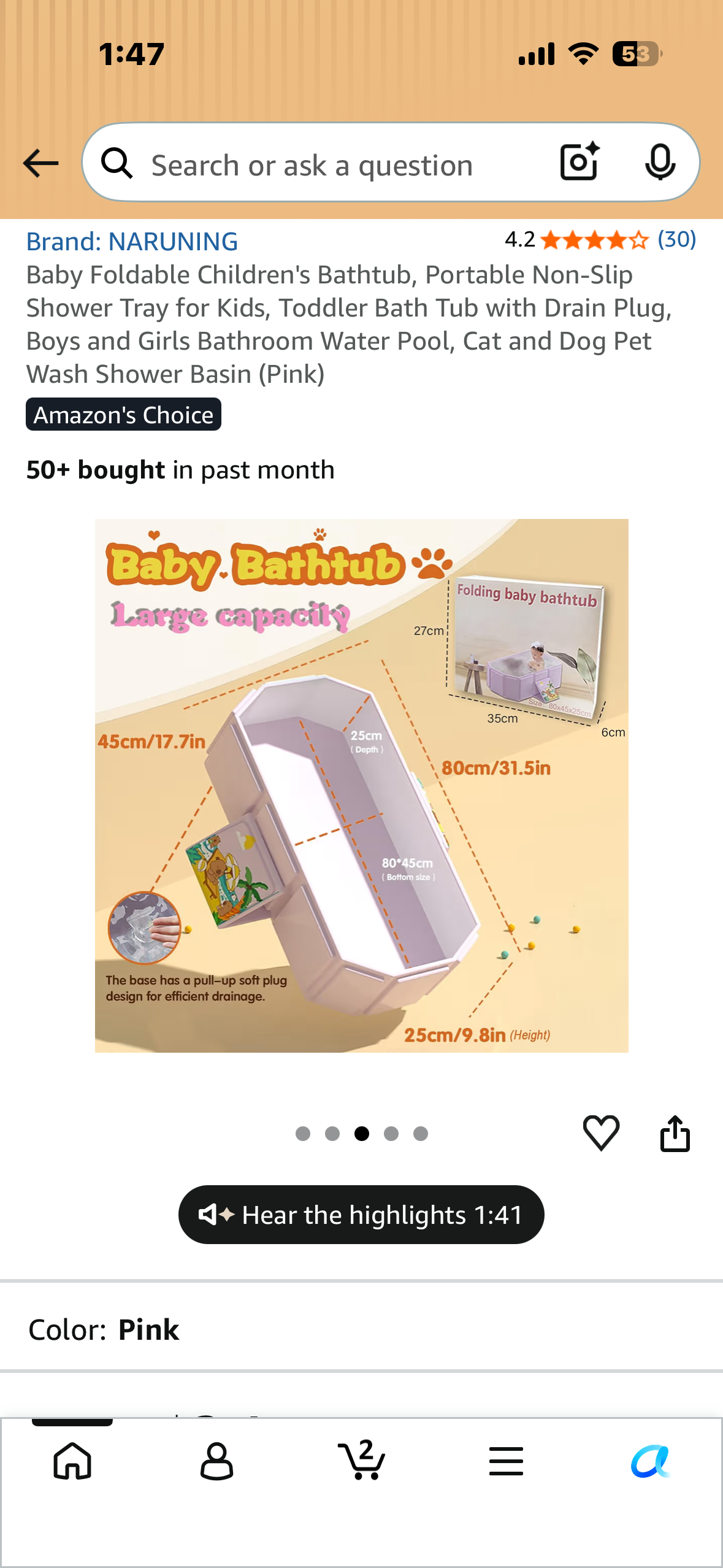 Foldable Baby Bathtub, Portable, Non-Slip, with Drain Plug, Boys and Girls Bathroom Water Pool, Cat and Dog Pet Wash Shower Basin (Pink)