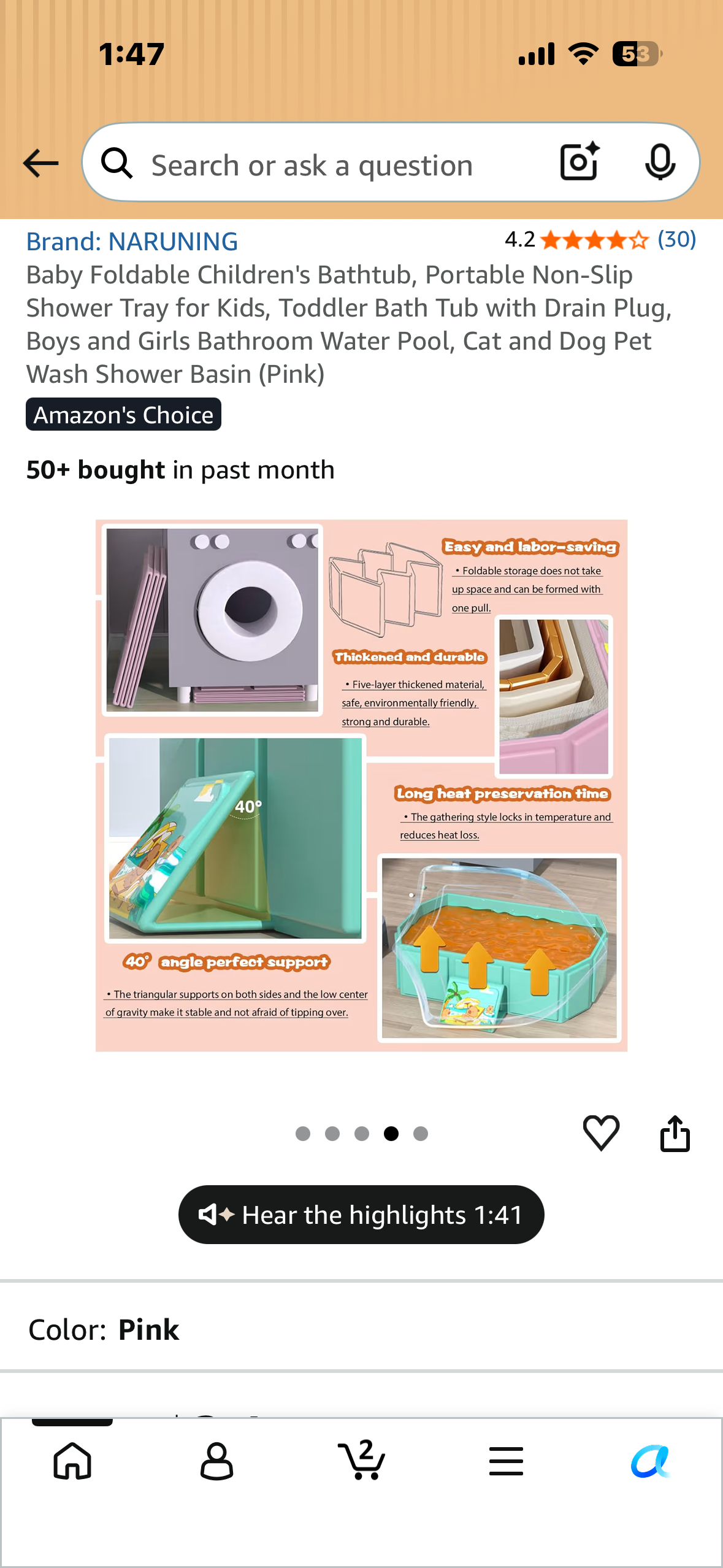 Foldable Baby Bathtub, Portable, Non-Slip, with Drain Plug, Boys and Girls Bathroom Water Pool, Cat and Dog Pet Wash Shower Basin (Pink)