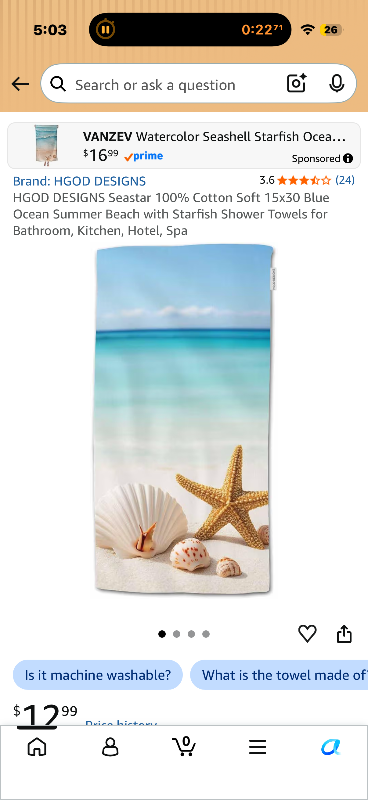 Seastar 100% Cotton Soft 15x30 Blue Ocean Summer Beach with Starfish Shower Towels for Bathroom, Kitchen, Hotel, Spa