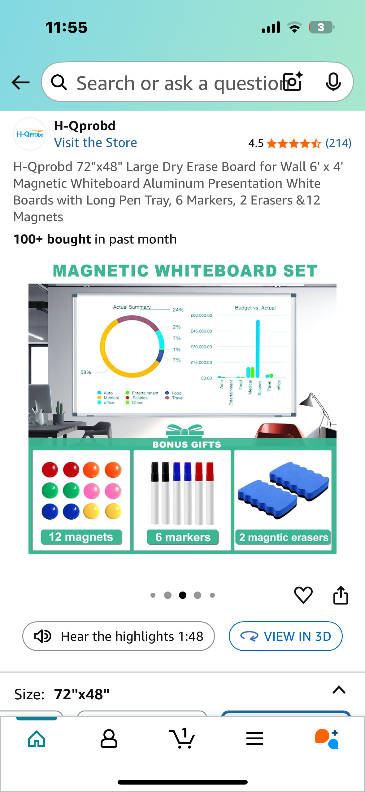 H-Qprobd 72"x48" Large Dry Erase Board for Wall 6' x 4' Magnetic Whiteboard Aluminum Presentation White Boards with Long Pen Tray, 6 Markers, 2 Erasers & 12 Magnets (O435)
