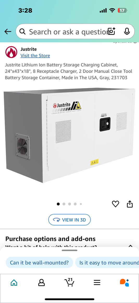 Justrite Lithium Ion Battery Storage Charging Cabinet, 24"x43"x18", 8 Receptacle Charger, 2 Door Manual Close Tool Battery Storage Container (R546)