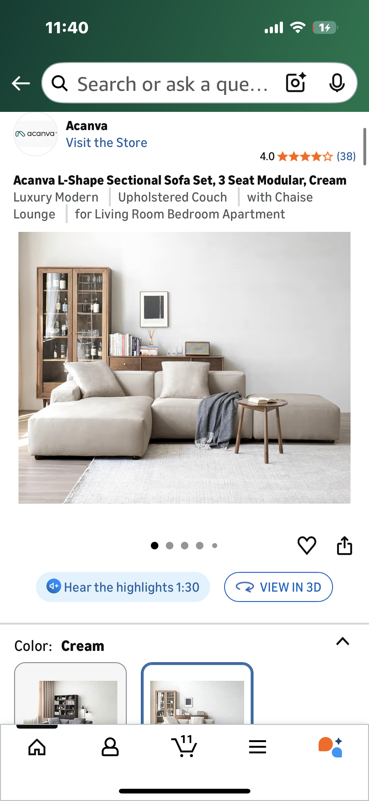 Acanva Luxury Modern Modular L-Shape Sectional Sofa Set, 3 Seat Upholstered Couch with Chaise Lounge for Living Room Bedroom Apartment,Light Cream (L1097)