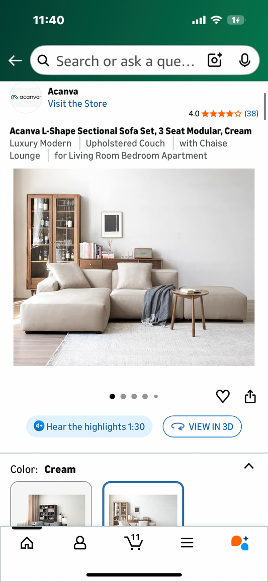 Acanva Luxury Modern Modular L-Shape Sectional Sofa Set, 3 Seat Upholstered Couch with Chaise Lounge for Living Room Bedroom Apartment,Light Cream (L1097)