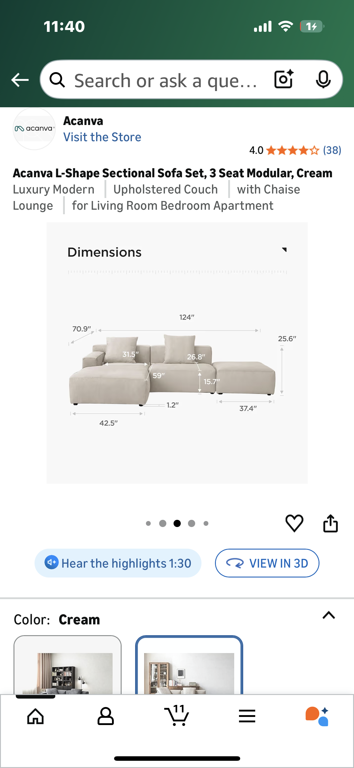 Acanva Luxury Modern Modular L-Shape Sectional Sofa Set, 3 Seat Upholstered Couch with Chaise Lounge for Living Room Bedroom Apartment,Light Cream (L1097)