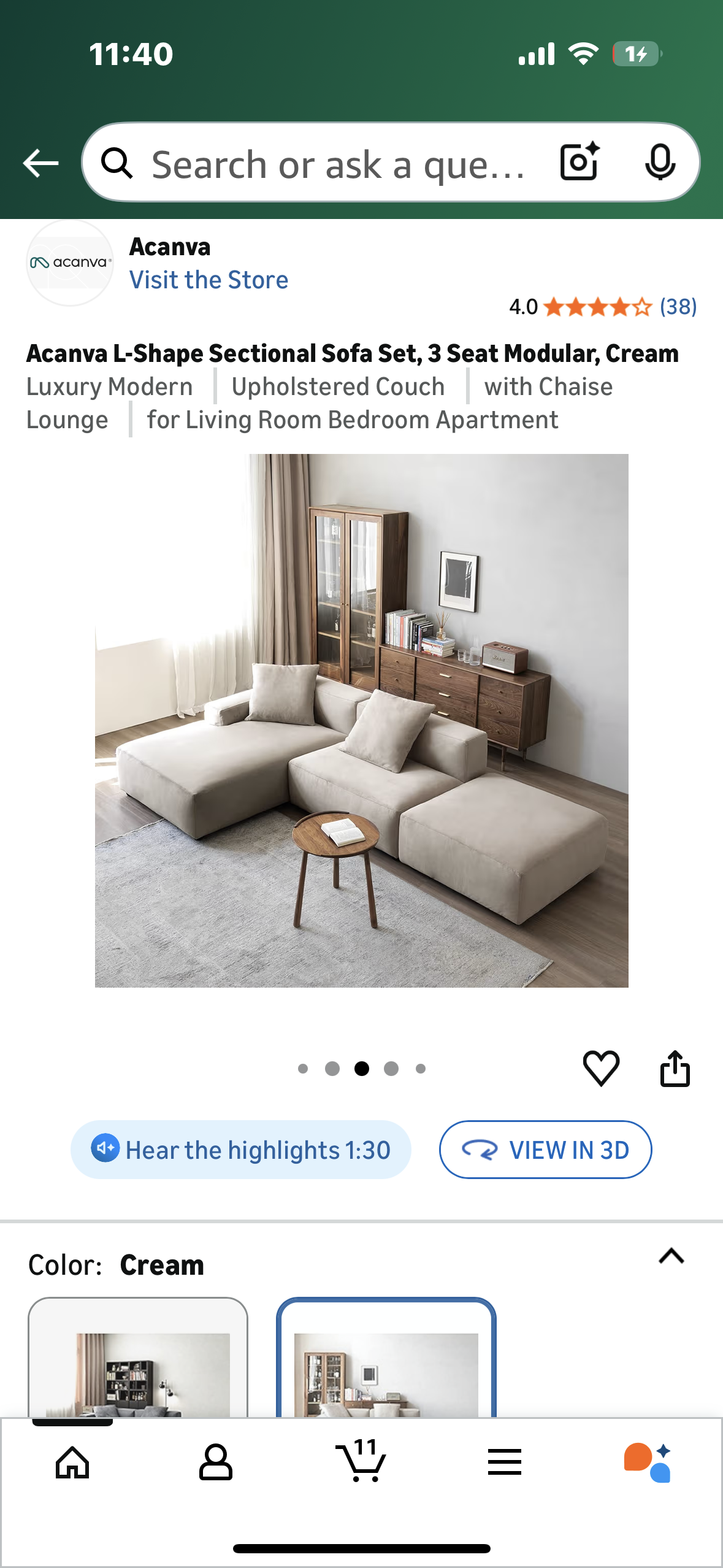 Acanva Luxury Modern Modular L-Shape Sectional Sofa Set, 3 Seat Upholstered Couch with Chaise Lounge for Living Room Bedroom Apartment,Light Cream (L1097)