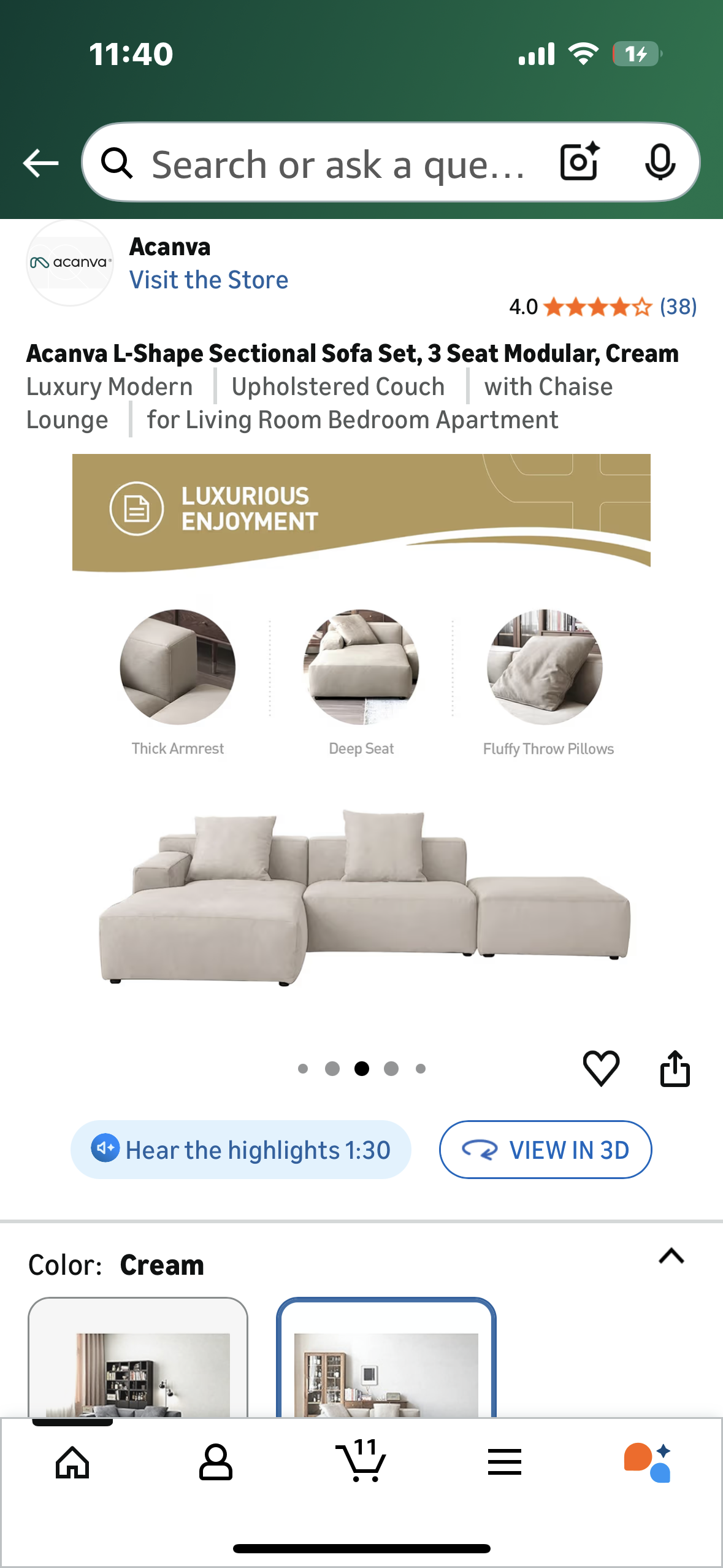 Acanva Luxury Modern Modular L-Shape Sectional Sofa Set, 3 Seat Upholstered Couch with Chaise Lounge for Living Room Bedroom Apartment,Light Cream (L1097)