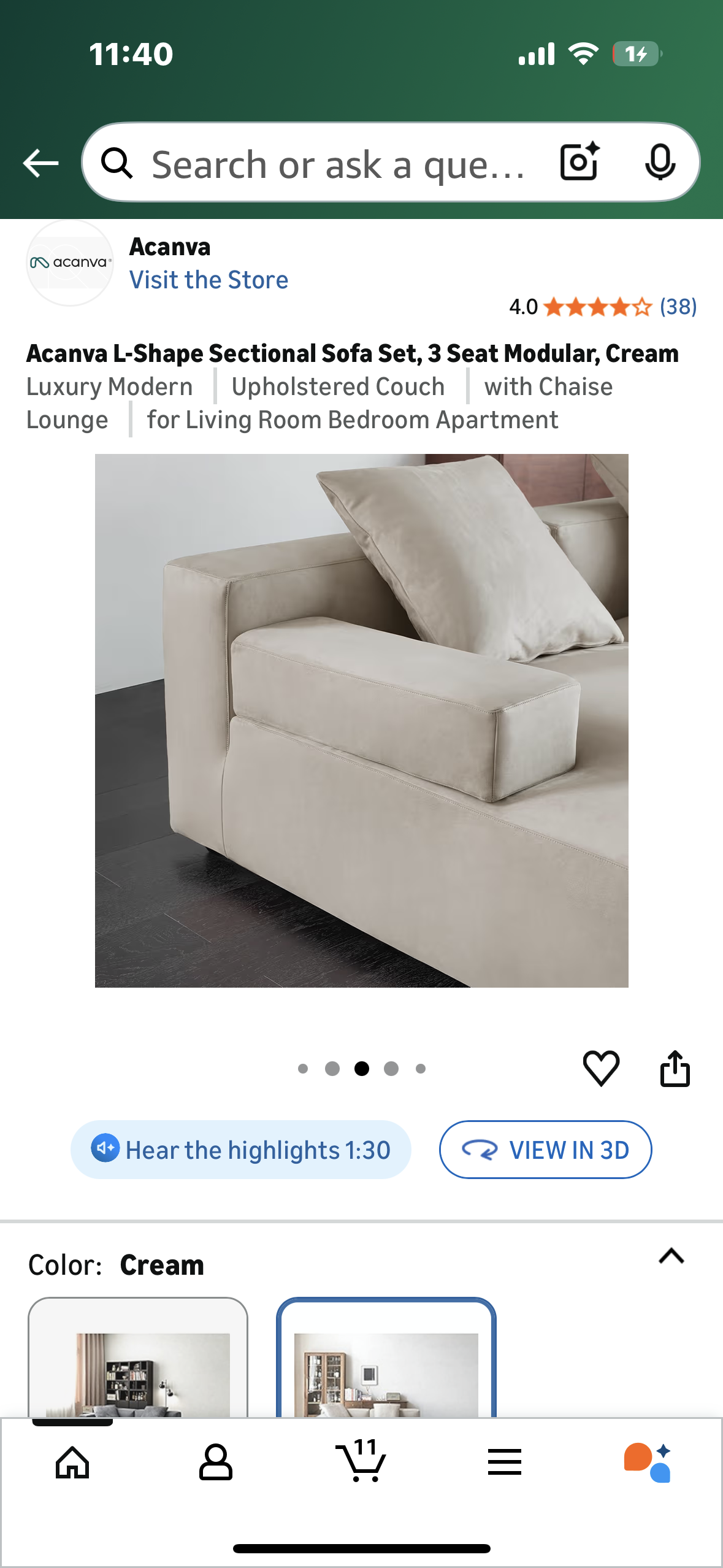 Acanva Luxury Modern Modular L-Shape Sectional Sofa Set, 3 Seat Upholstered Couch with Chaise Lounge for Living Room Bedroom Apartment,Light Cream (L1097)