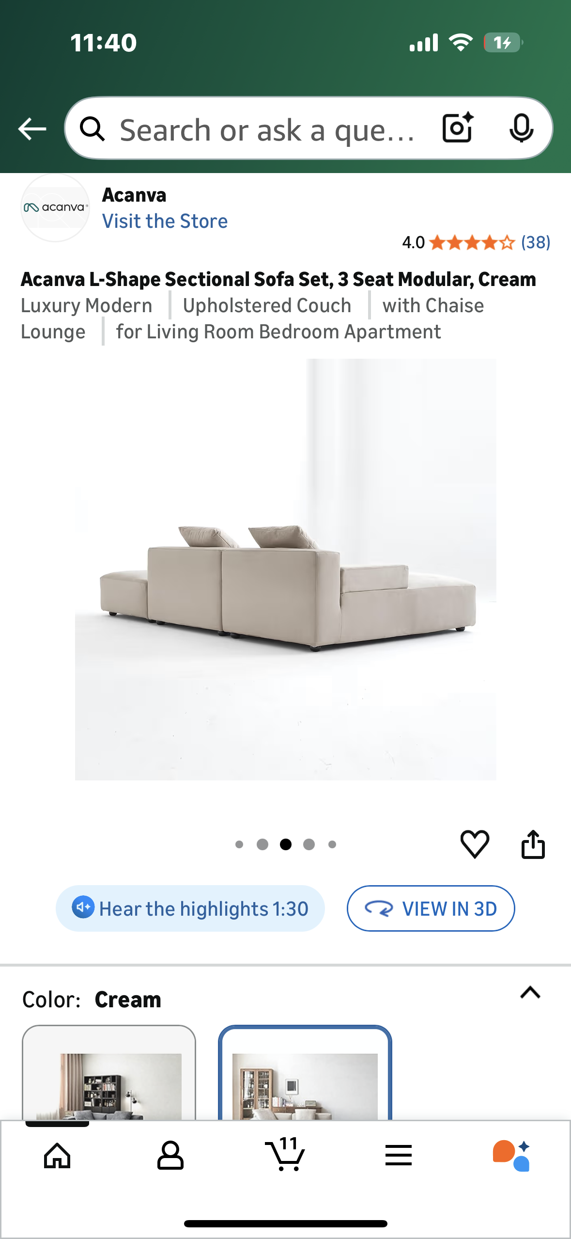 Acanva Luxury Modern Modular L-Shape Sectional Sofa Set, 3 Seat Upholstered Couch with Chaise Lounge for Living Room Bedroom Apartment,Light Cream (L1097)