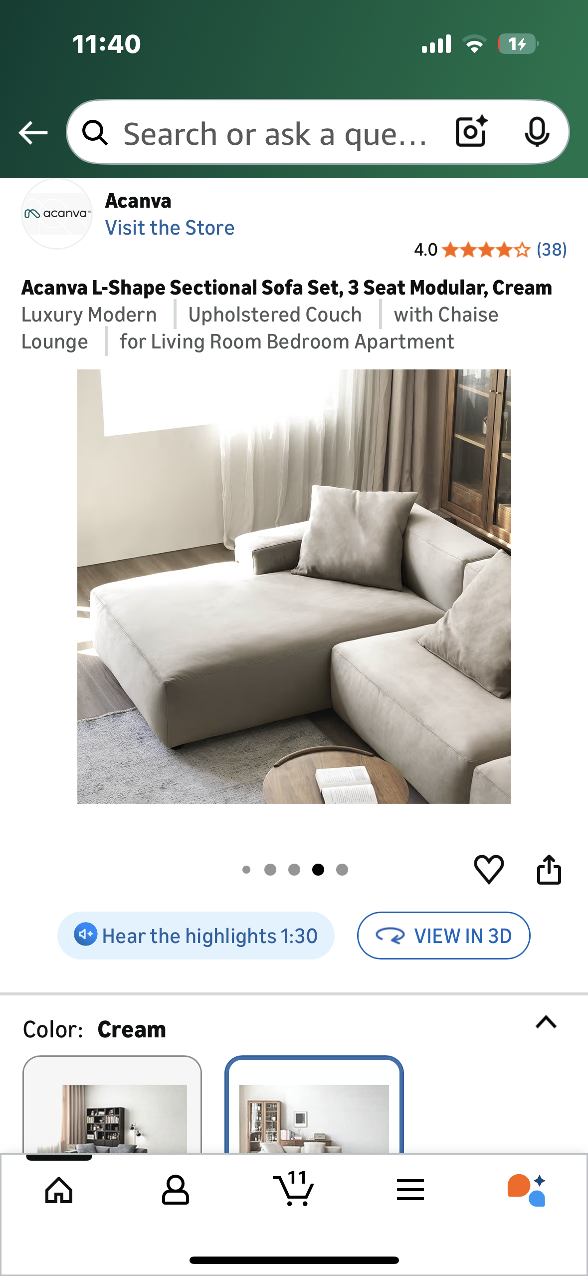 Acanva Luxury Modern Modular L-Shape Sectional Sofa Set, 3 Seat Upholstered Couch with Chaise Lounge for Living Room Bedroom Apartment,Light Cream (L1097)