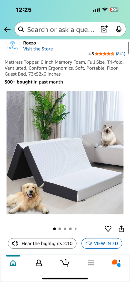 Full Size Tri-fold Mattress/ Mattress Topper, 6 Inch Memory Foam, Soft, Portable, Floor Guest Bed, 73x52x6 inches (B1047)