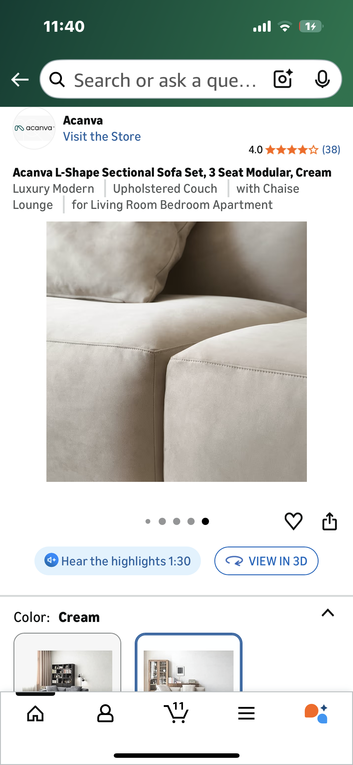 Acanva Luxury Modern Modular L-Shape Sectional Sofa Set, 3 Seat Upholstered Couch with Chaise Lounge for Living Room Bedroom Apartment,Light Cream (L1097)