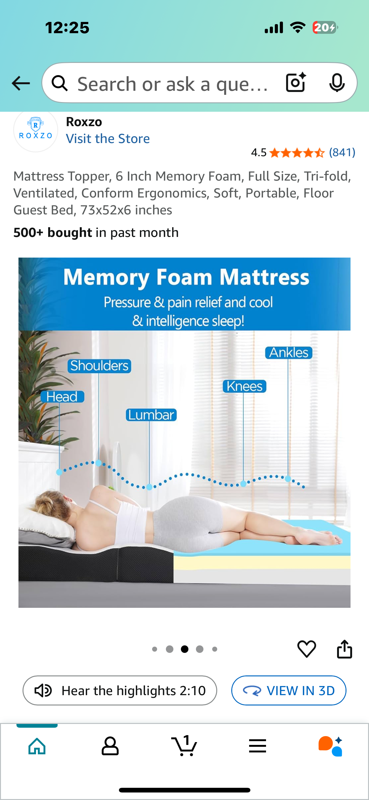 Full Size Tri-fold Mattress/ Mattress Topper, 6 Inch Memory Foam, Soft, Portable, Floor Guest Bed, 73x52x6 inches (B1047)