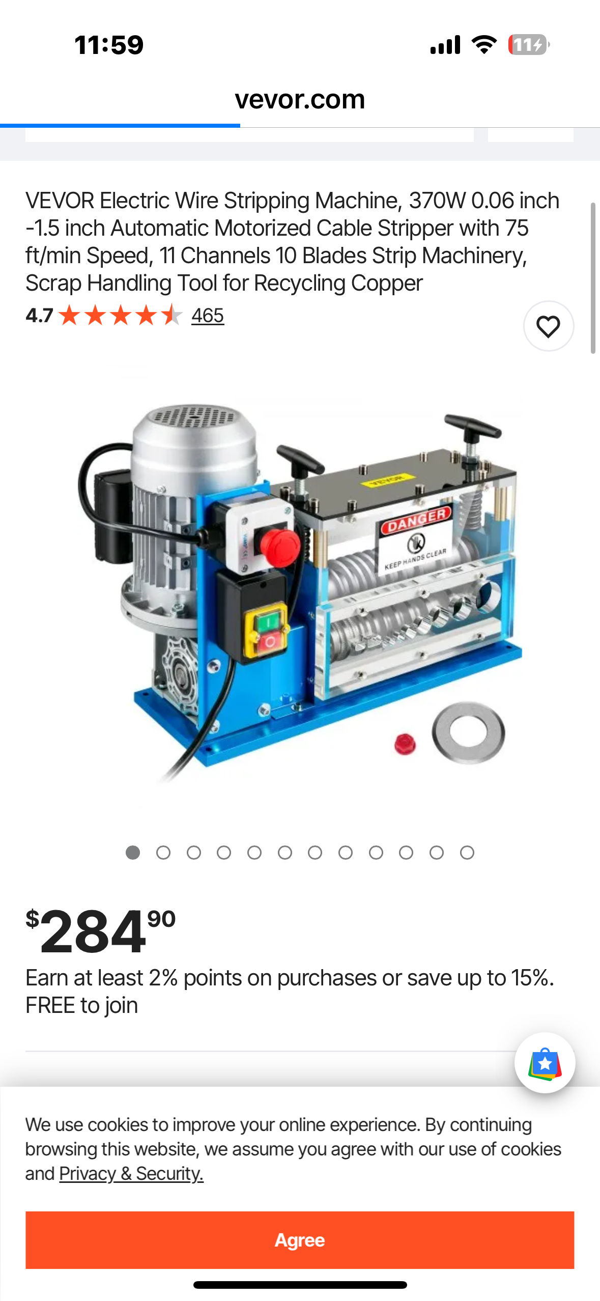 VEVOR Electric Wire Stripping Machine, 370W 0.06" - 1.5" Automatic Motorized Cable Stripper w/ 75 Feet/Minute Speed, 11 Channels 10 Blades Strip Machinery, Scrap Handling Tool for Recycling Copper (G903)