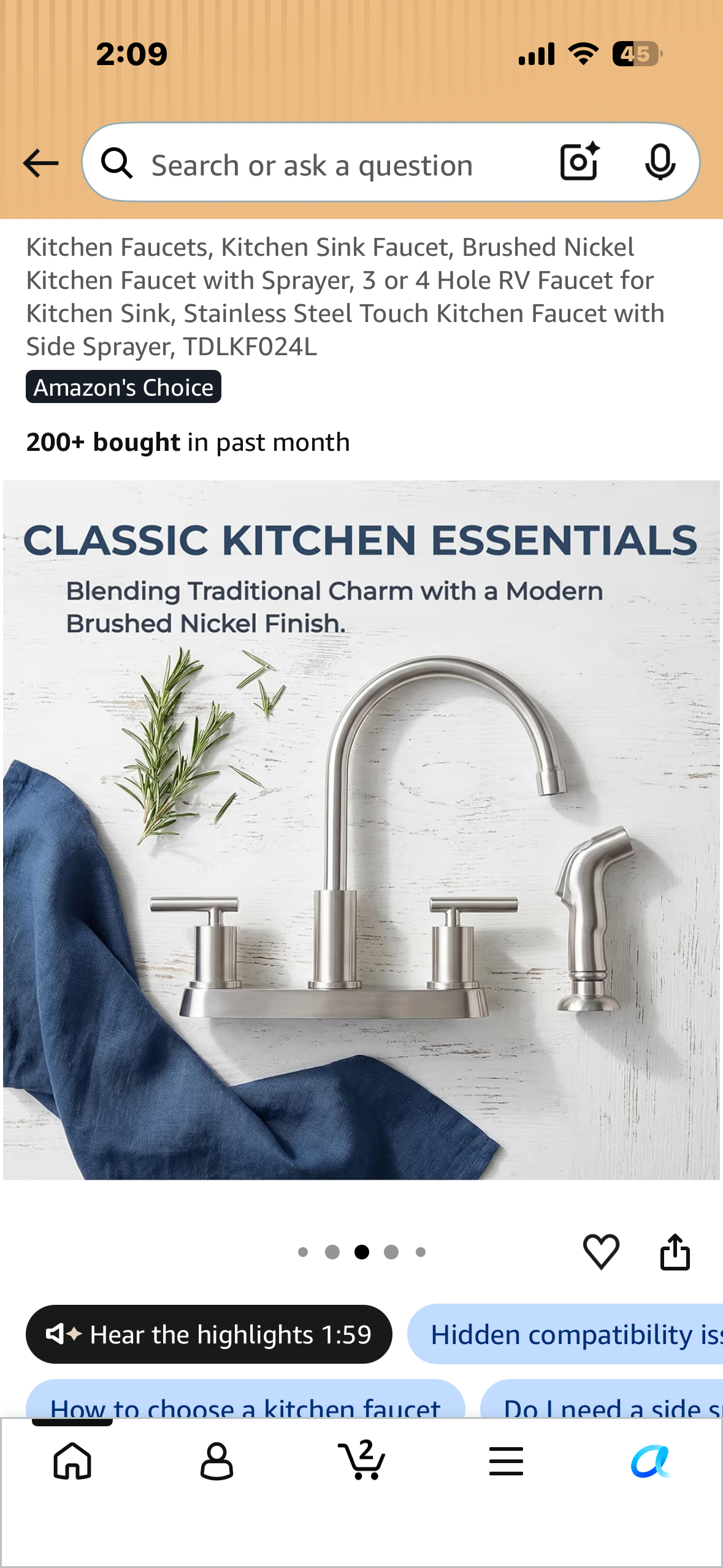 Kitchen Sink Faucet, Brushed Nickel Kitchen Faucet with Sprayer, 3 or 4 Hole Faucet for Kitchen Sink, Stainless Steel Touch Kitchen Faucet with Side Sprayer