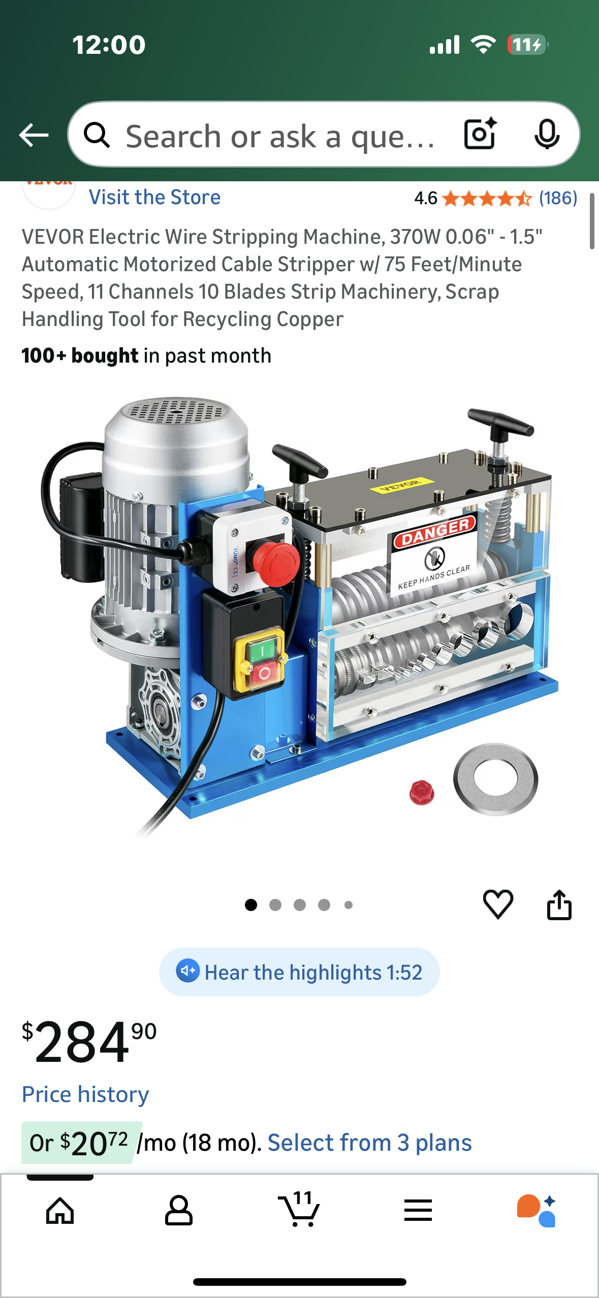 VEVOR Electric Wire Stripping Machine, 370W 0.06" - 1.5" Automatic Motorized Cable Stripper w/ 75 Feet/Minute Speed, 11 Channels 10 Blades Strip Machinery, Scrap Handling Tool for Recycling Copper (G903)