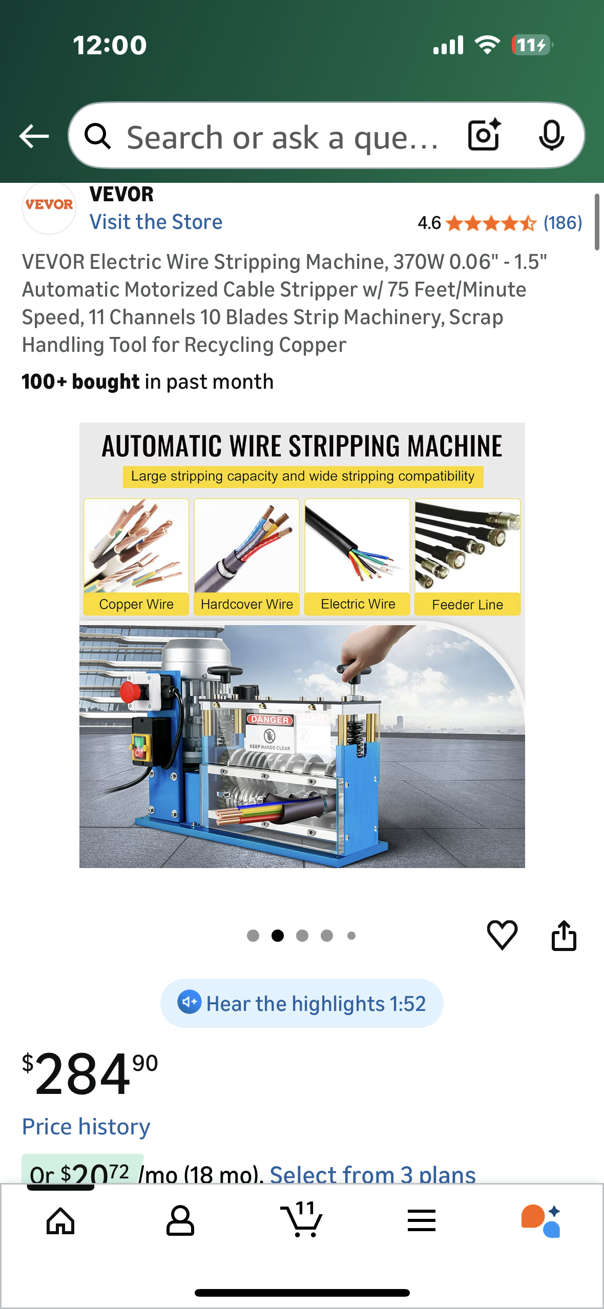 VEVOR Electric Wire Stripping Machine, 370W 0.06" - 1.5" Automatic Motorized Cable Stripper w/ 75 Feet/Minute Speed, 11 Channels 10 Blades Strip Machinery, Scrap Handling Tool for Recycling Copper (G903)