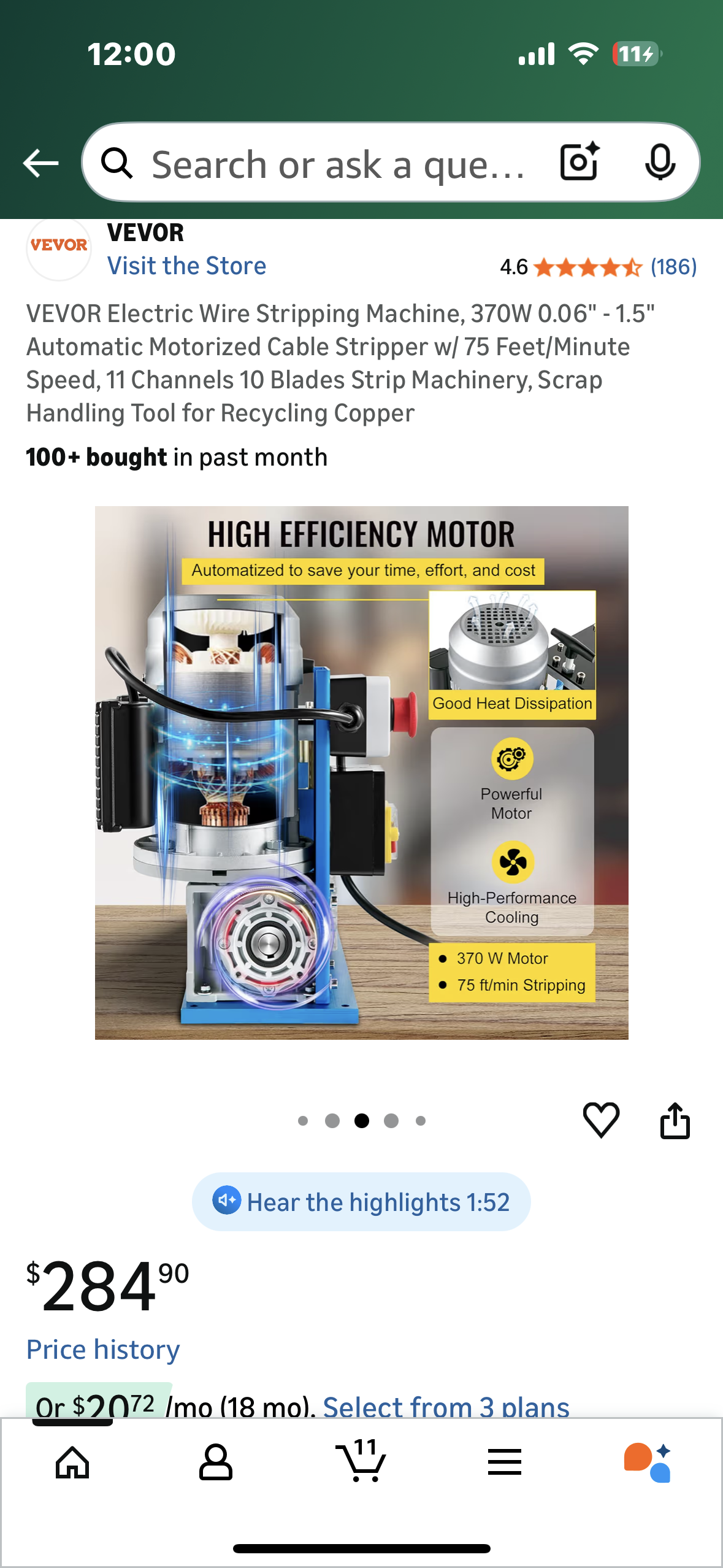 VEVOR Electric Wire Stripping Machine, 370W 0.06" - 1.5" Automatic Motorized Cable Stripper w/ 75 Feet/Minute Speed, 11 Channels 10 Blades Strip Machinery, Scrap Handling Tool for Recycling Copper (G903)