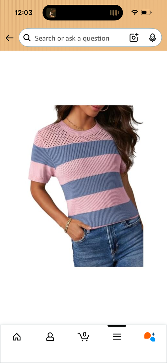 Dokotoo Womens Summer Tops Casual Short Sleeve Crewneck Striped Color Block Knit T Shirts Trendy Pullover Sweaters Blouses, Blue and Pink (Size Small)