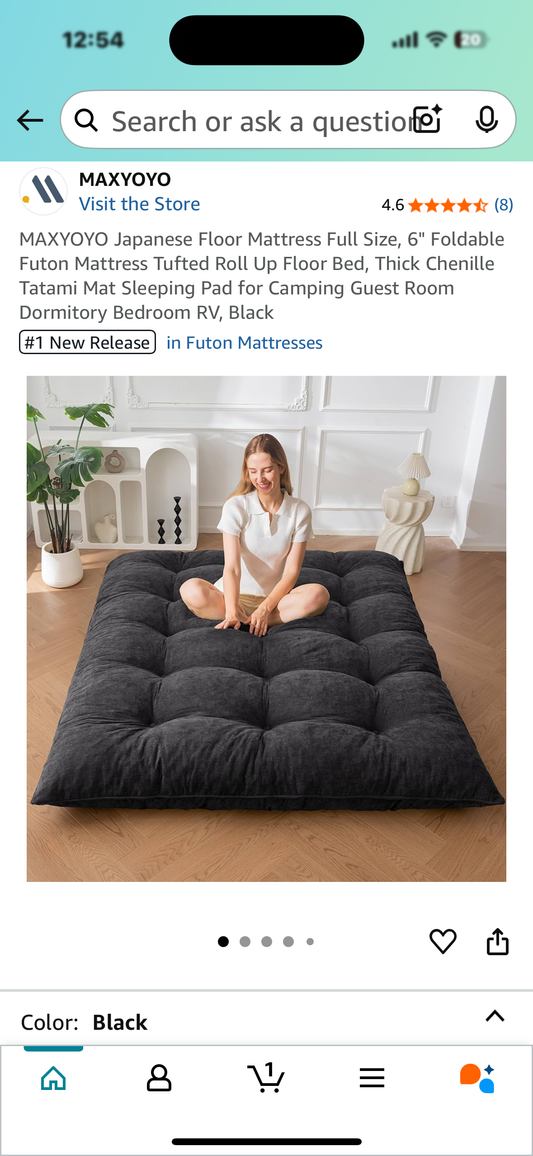 Japanese Floor Mattress Full Size, 6" Foldable Futon Mattress Tufted Roll Up Floor Bed, Thick Chenille Tatami Mat Sleeping Pad for Camping,Guest Room, Dormitory, Bedroom, RV, Black (B1048)