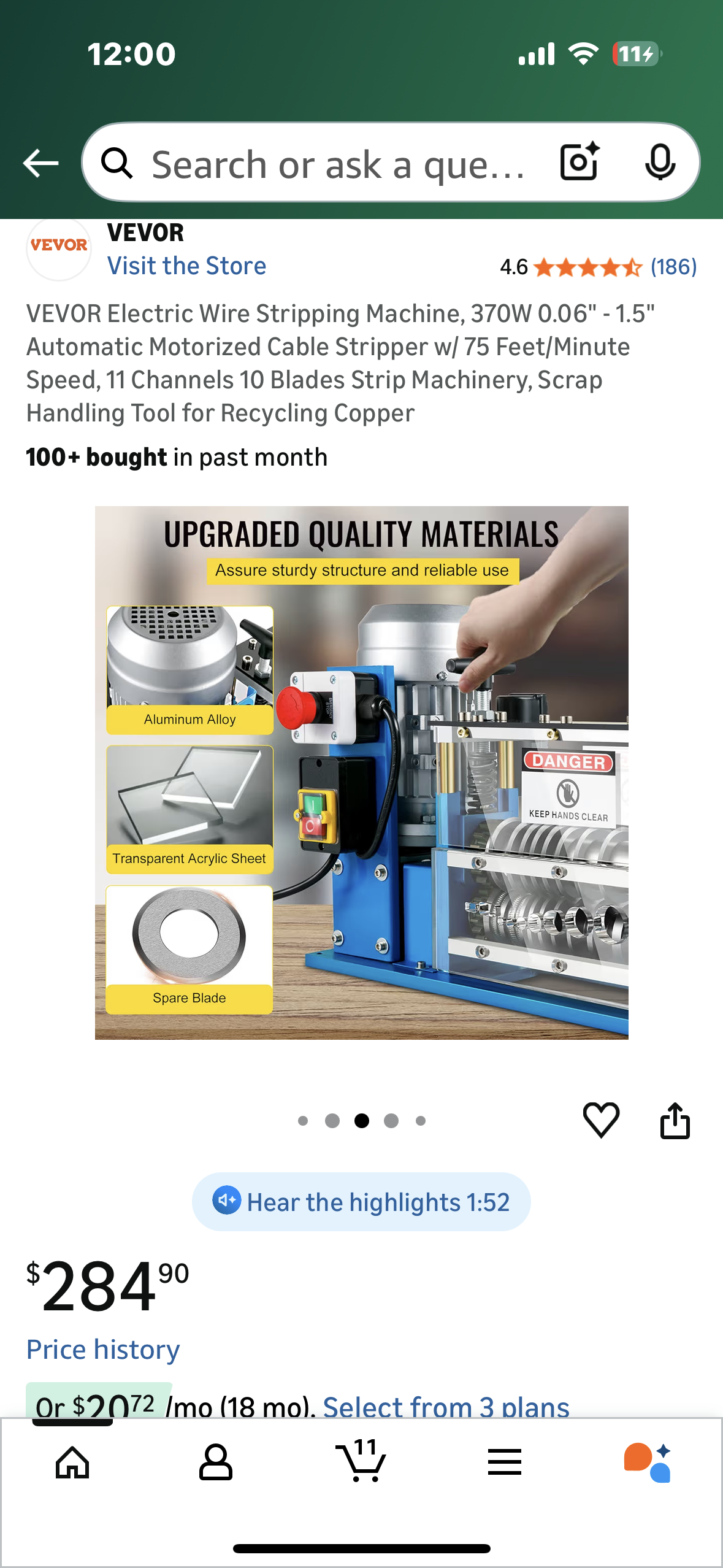 VEVOR Electric Wire Stripping Machine, 370W 0.06" - 1.5" Automatic Motorized Cable Stripper w/ 75 Feet/Minute Speed, 11 Channels 10 Blades Strip Machinery, Scrap Handling Tool for Recycling Copper (G903)