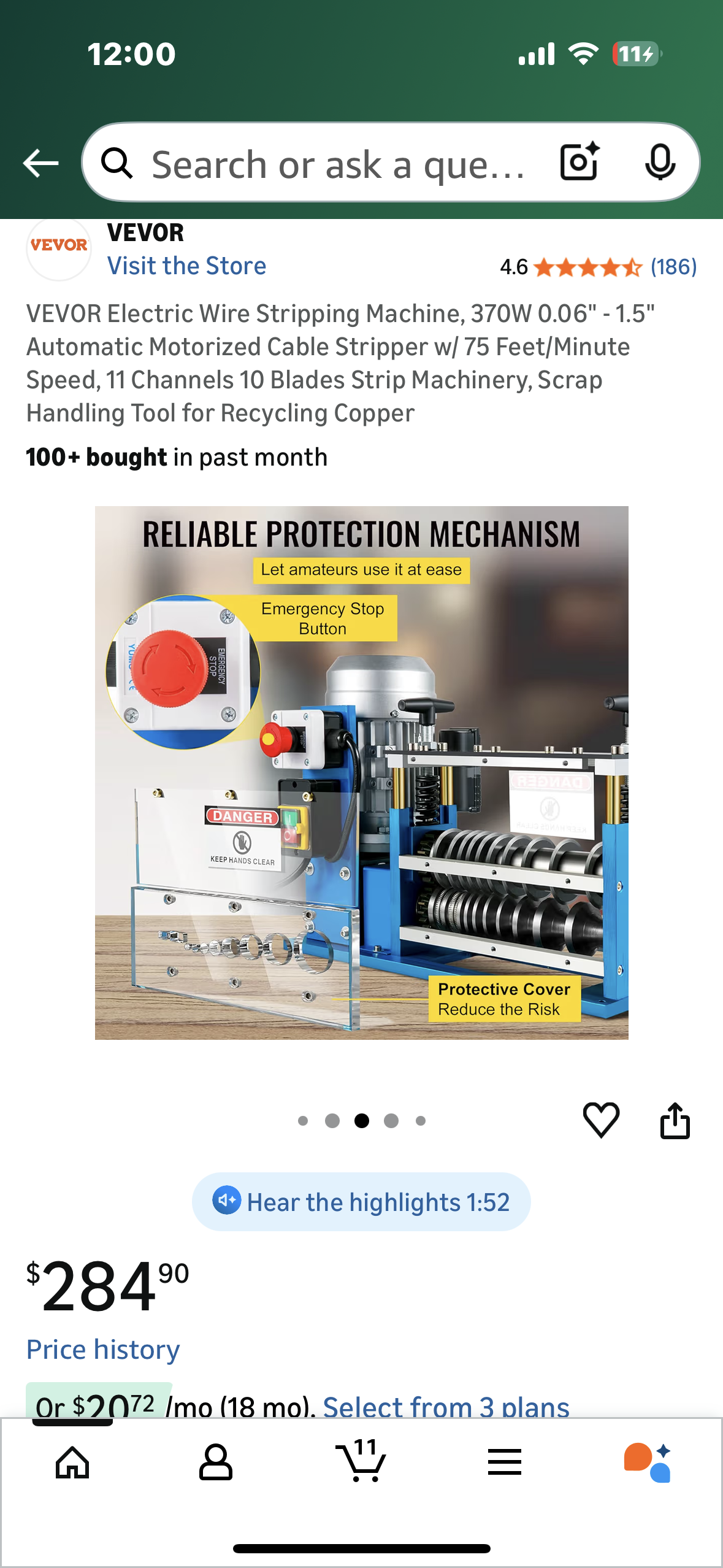 VEVOR Electric Wire Stripping Machine, 370W 0.06" - 1.5" Automatic Motorized Cable Stripper w/ 75 Feet/Minute Speed, 11 Channels 10 Blades Strip Machinery, Scrap Handling Tool for Recycling Copper (G903)