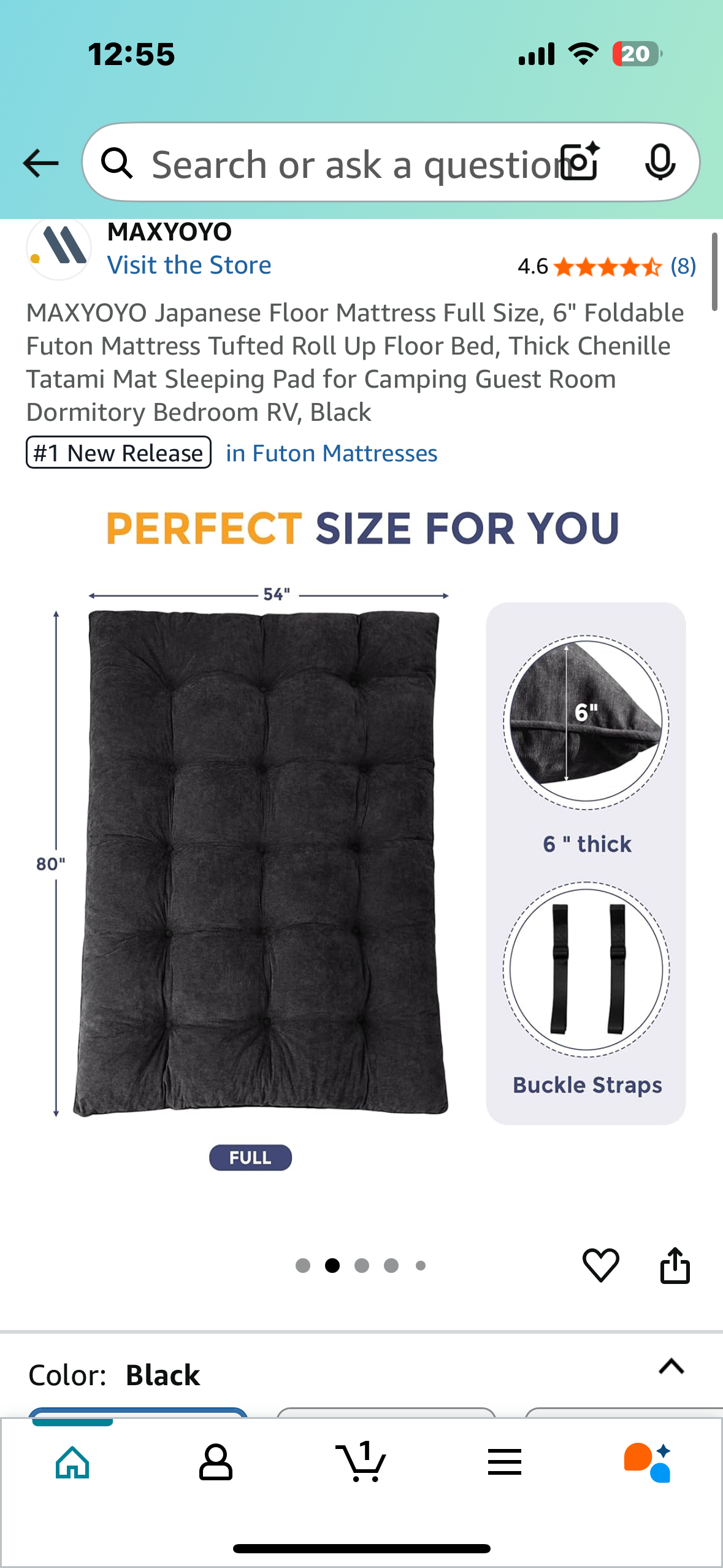 Japanese Floor Mattress Full Size, 6" Foldable Futon Mattress Tufted Roll Up Floor Bed, Thick Chenille Tatami Mat Sleeping Pad for Camping,Guest Room, Dormitory, Bedroom, RV, Black (B1048)