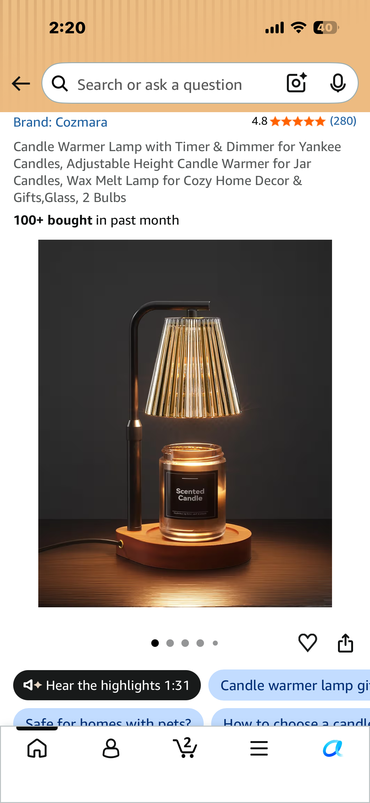 Candle Warmer Lamp with Timer & Dimmer, Adjustable Height Candle Warmer for Jar Candles, Wax Melt Lamp for Cozy Home Decor & Gifts,Glass, 2 Bulbs