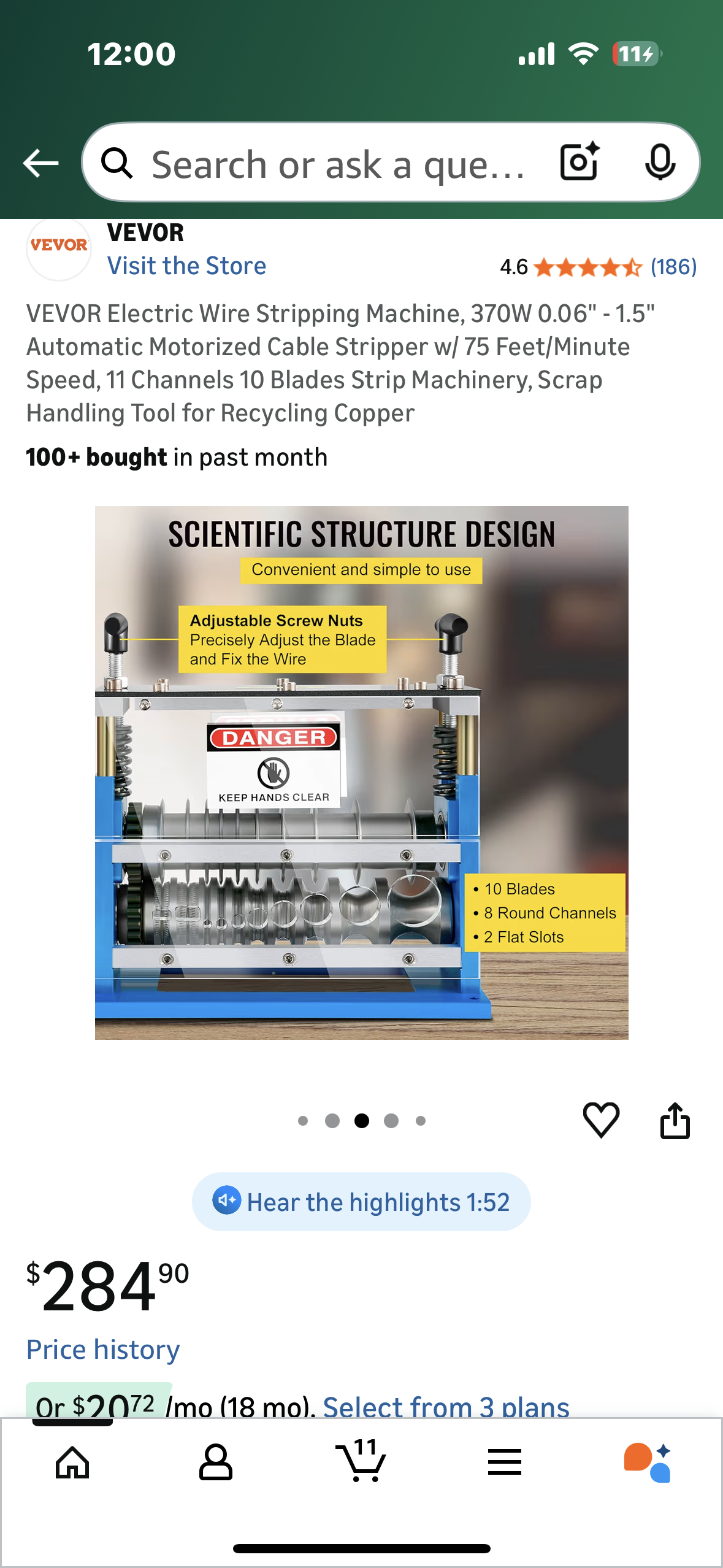 VEVOR Electric Wire Stripping Machine, 370W 0.06" - 1.5" Automatic Motorized Cable Stripper w/ 75 Feet/Minute Speed, 11 Channels 10 Blades Strip Machinery, Scrap Handling Tool for Recycling Copper (G903)