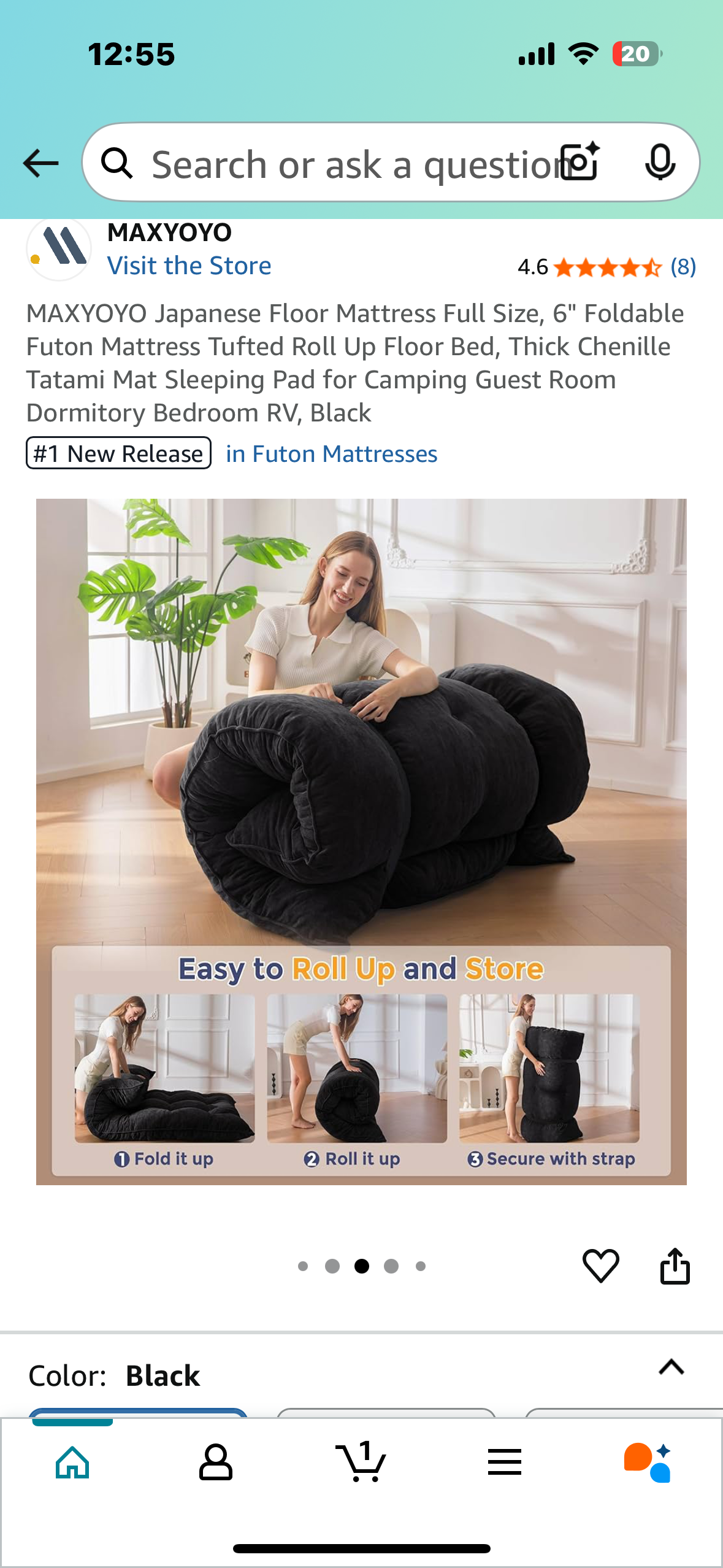 Japanese Floor Mattress Full Size, 6" Foldable Futon Mattress Tufted Roll Up Floor Bed, Thick Chenille Tatami Mat Sleeping Pad for Camping,Guest Room, Dormitory, Bedroom, RV, Black (B1048)