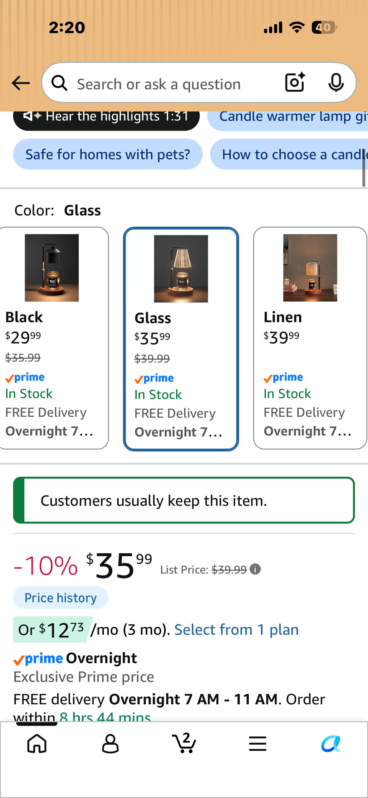 Candle Warmer Lamp with Timer & Dimmer, Adjustable Height Candle Warmer for Jar Candles, Wax Melt Lamp for Cozy Home Decor & Gifts,Glass, 2 Bulbs