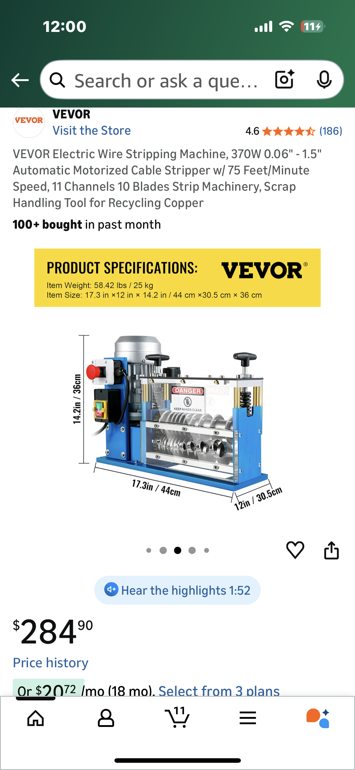 VEVOR Electric Wire Stripping Machine, 370W 0.06" - 1.5" Automatic Motorized Cable Stripper w/ 75 Feet/Minute Speed, 11 Channels 10 Blades Strip Machinery, Scrap Handling Tool for Recycling Copper (G903)