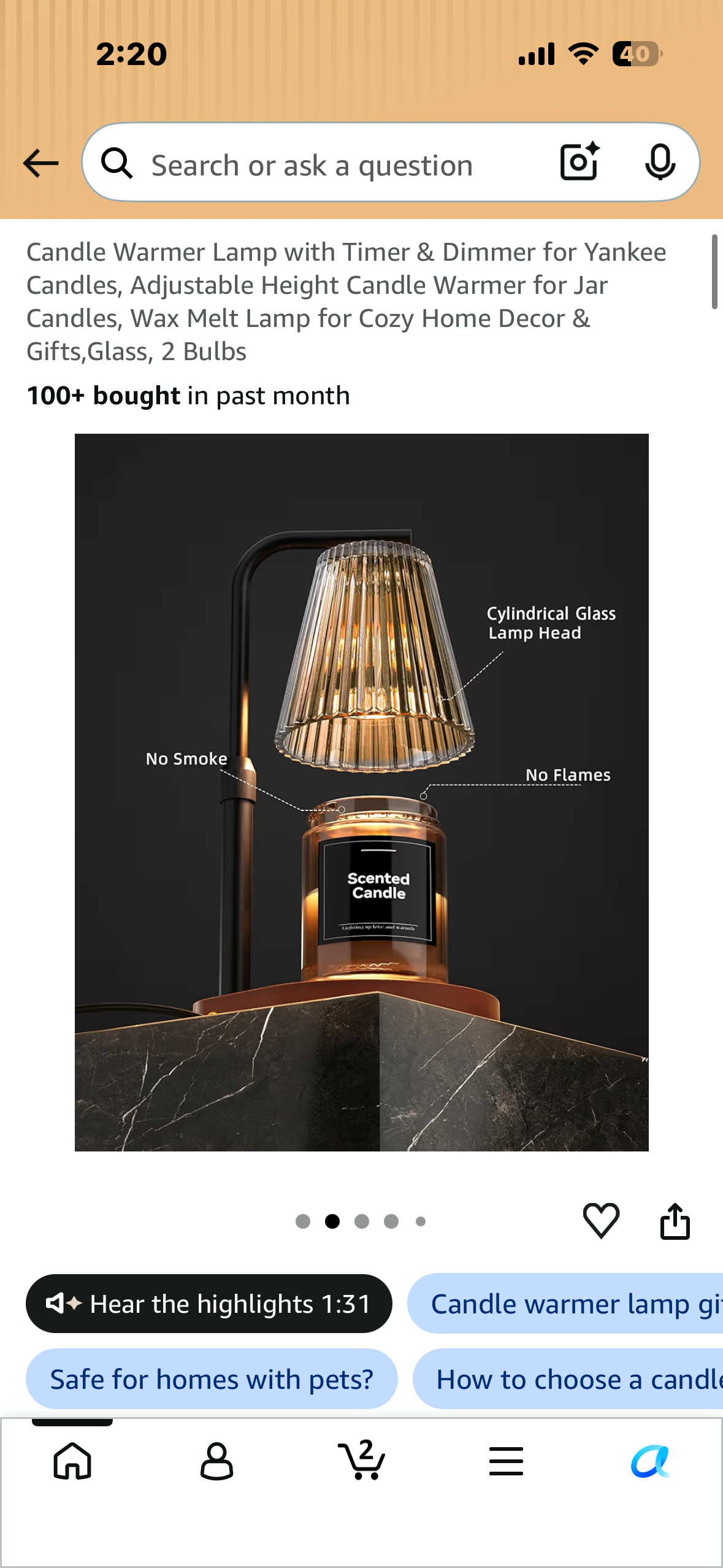 Candle Warmer Lamp with Timer & Dimmer, Adjustable Height Candle Warmer for Jar Candles, Wax Melt Lamp for Cozy Home Decor & Gifts,Glass, 2 Bulbs