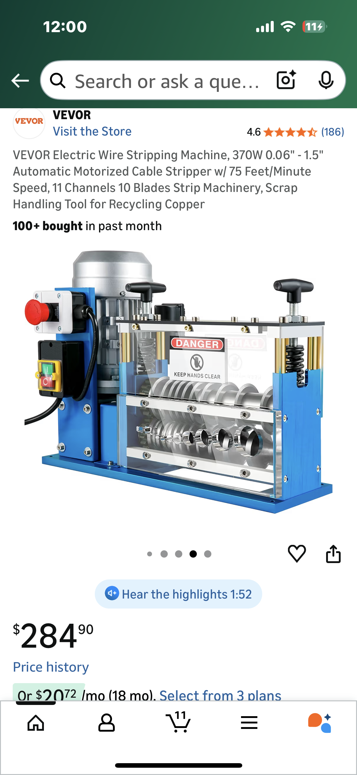 VEVOR Electric Wire Stripping Machine, 370W 0.06" - 1.5" Automatic Motorized Cable Stripper w/ 75 Feet/Minute Speed, 11 Channels 10 Blades Strip Machinery, Scrap Handling Tool for Recycling Copper (G903)