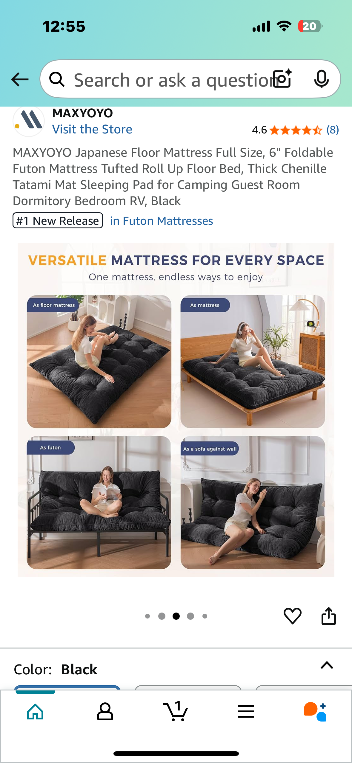 Japanese Floor Mattress Full Size, 6" Foldable Futon Mattress Tufted Roll Up Floor Bed, Thick Chenille Tatami Mat Sleeping Pad for Camping,Guest Room, Dormitory, Bedroom, RV, Black (B1048)
