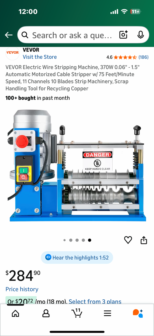 VEVOR Electric Wire Stripping Machine, 370W 0.06" - 1.5" Automatic Motorized Cable Stripper w/ 75 Feet/Minute Speed, 11 Channels 10 Blades Strip Machinery, Scrap Handling Tool for Recycling Copper (G903)