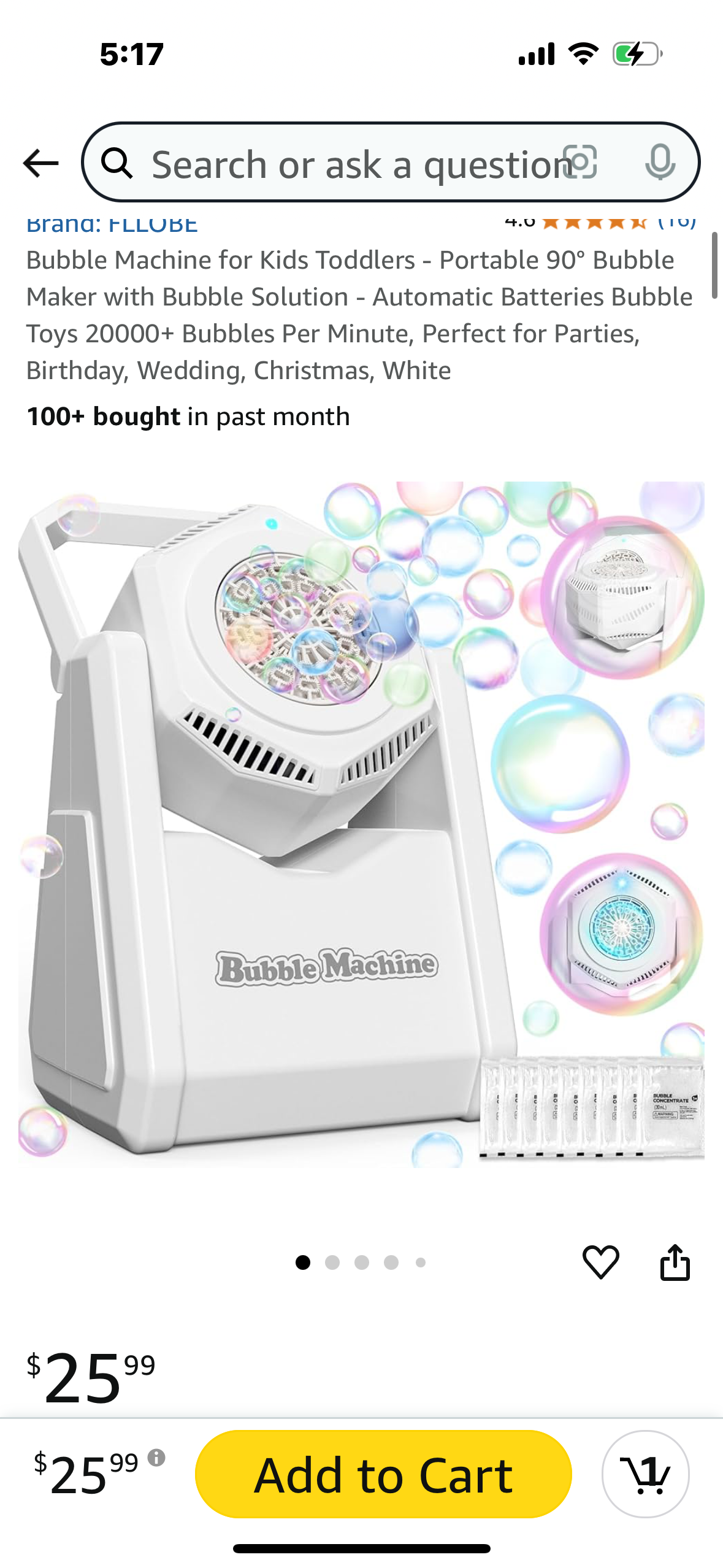 Bubble Machine for Kids Toddlers - Portable 90° Bubble Maker with Bubble Solution - Automatic Batteries Bubble Toys 20000+ Bubbles Per Minute, Perfect for Parties, Birthday, Wedding, Christmas, White