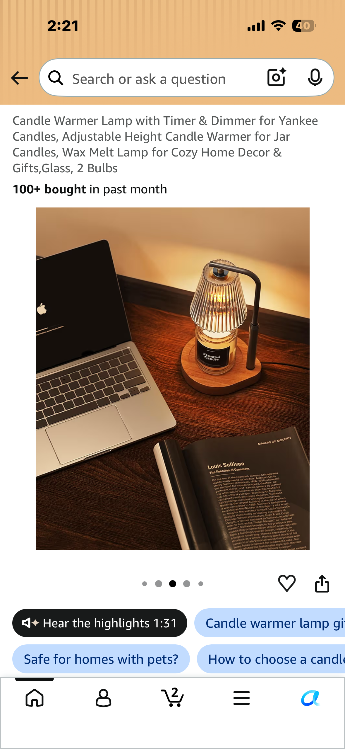 Candle Warmer Lamp with Timer & Dimmer, Adjustable Height Candle Warmer for Jar Candles, Wax Melt Lamp for Cozy Home Decor & Gifts,Glass, 2 Bulbs