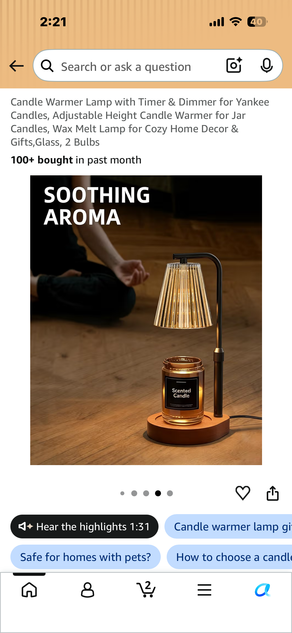 Candle Warmer Lamp with Timer & Dimmer, Adjustable Height Candle Warmer for Jar Candles, Wax Melt Lamp for Cozy Home Decor & Gifts,Glass, 2 Bulbs