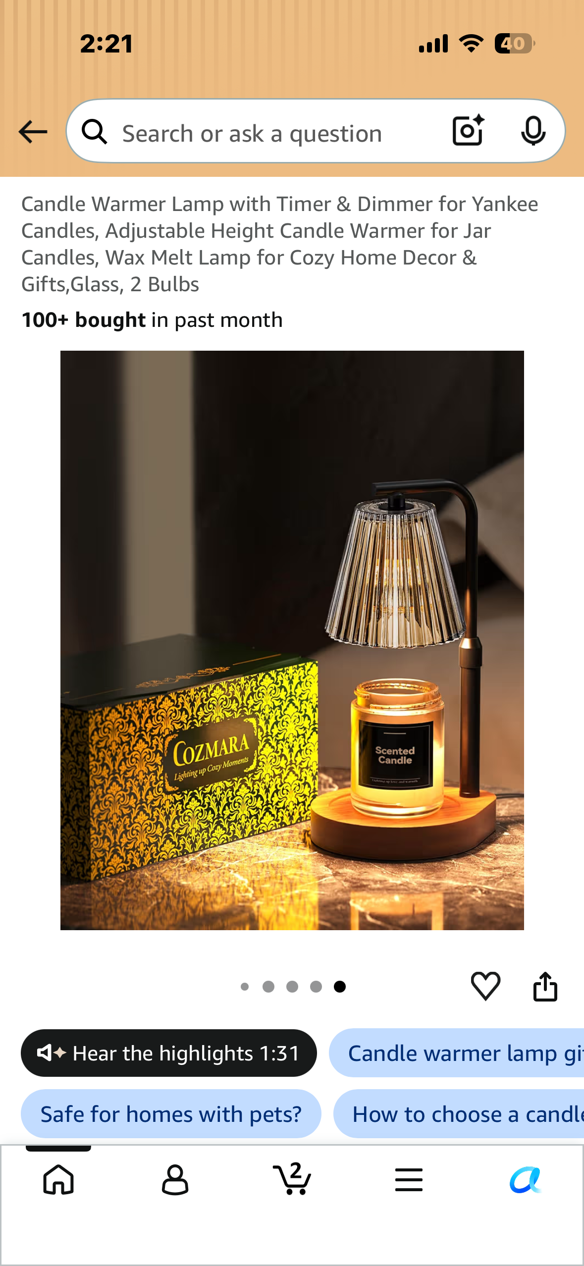 Candle Warmer Lamp with Timer & Dimmer, Adjustable Height Candle Warmer for Jar Candles, Wax Melt Lamp for Cozy Home Decor & Gifts,Glass, 2 Bulbs