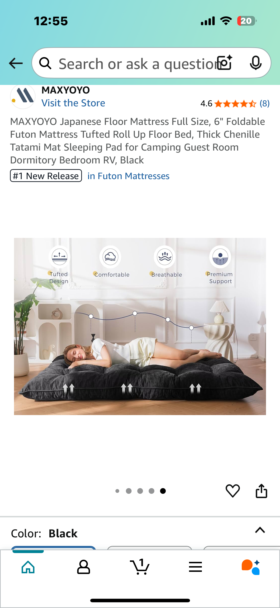 Japanese Floor Mattress Full Size, 6" Foldable Futon Mattress Tufted Roll Up Floor Bed, Thick Chenille Tatami Mat Sleeping Pad for Camping,Guest Room, Dormitory, Bedroom, RV, Black (B1048)