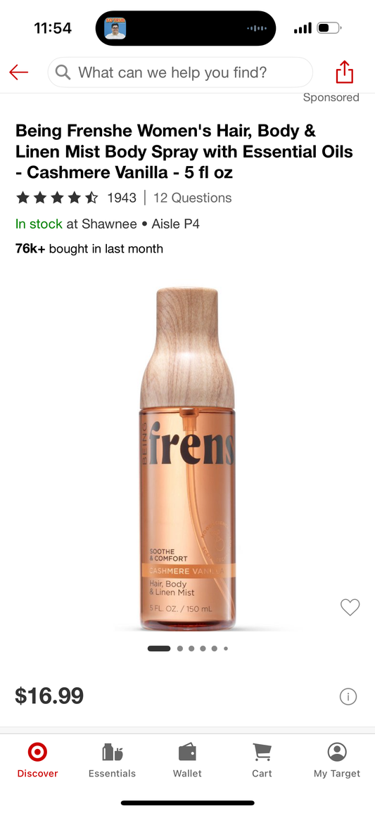 Being Frenshe Women's Hair, Body & Linen Mist Body Spray with Essential Oils - Cashmere Vanilla - 5 fl oz