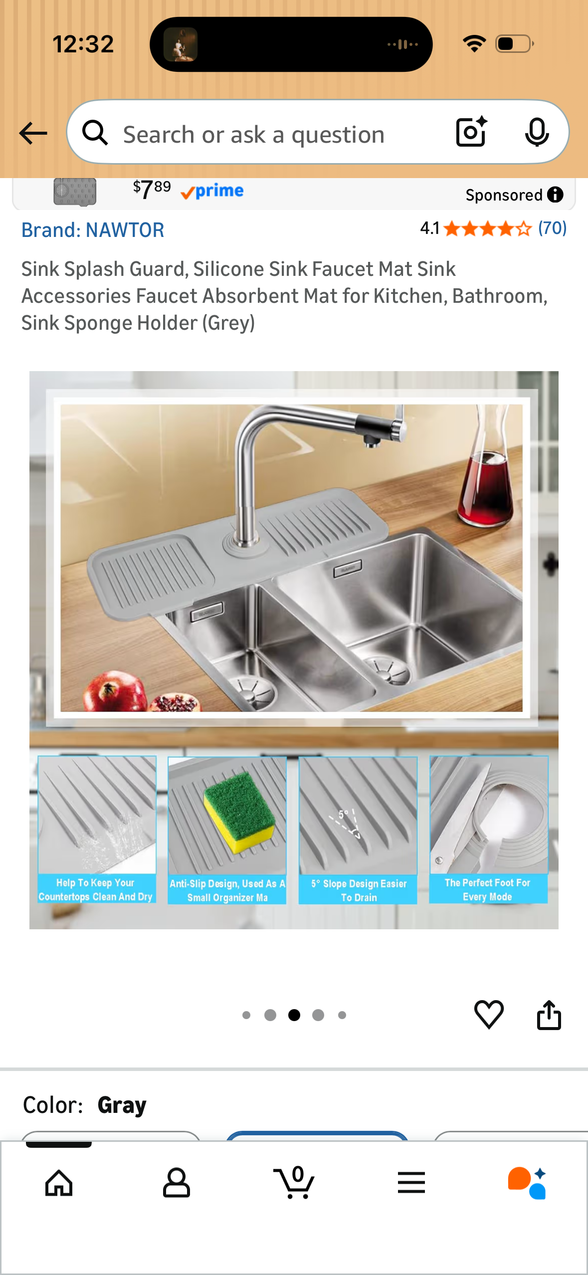 Sink Splash Guard, Silicone Sink Faucet Mat Sink Accessories Faucet Absorbent Mat for Kitchen, Bathroom, Sink Sponge Holder (Grey)