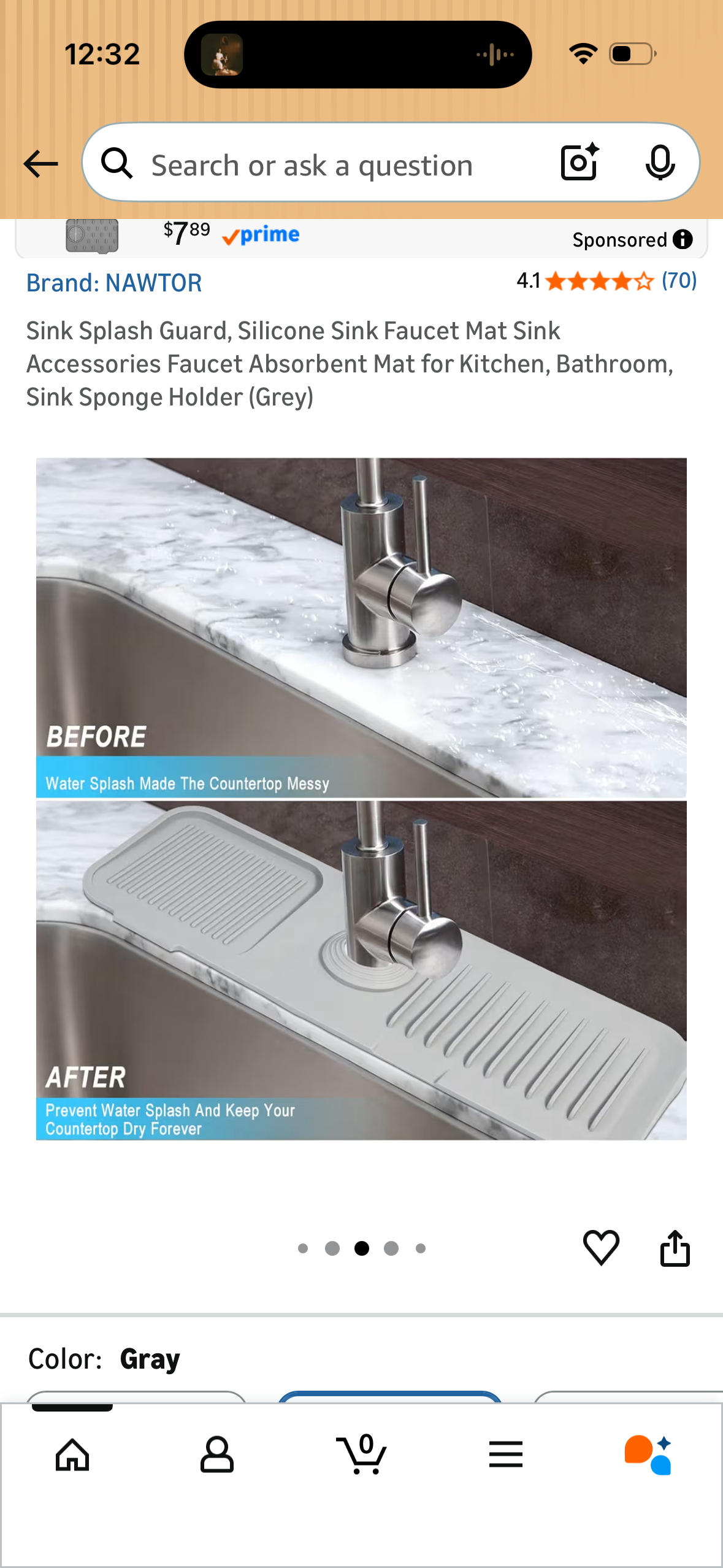 Sink Splash Guard, Silicone Sink Faucet Mat Sink Accessories Faucet Absorbent Mat for Kitchen, Bathroom, Sink Sponge Holder (Grey)