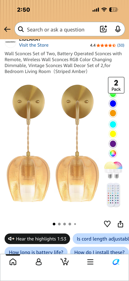 Wall Sconce, Battery Operated Sconce with Remote, Wireless Wall Sconce, RGB Color Changing, Dimmable, Vintage Sconce (Striped Amber)