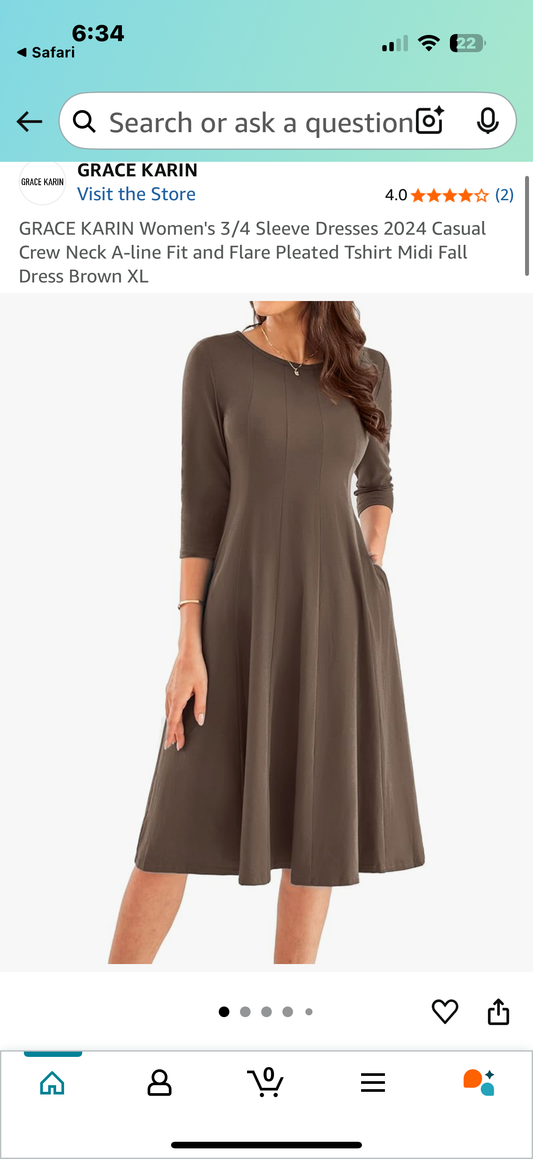 GRACE KARIN Women's 3/4 Sleeve Dresses Casual Crew Neck A-line Fit and Flare Pleated Tshirt Midi Fall Dress Brown (SizeXL)