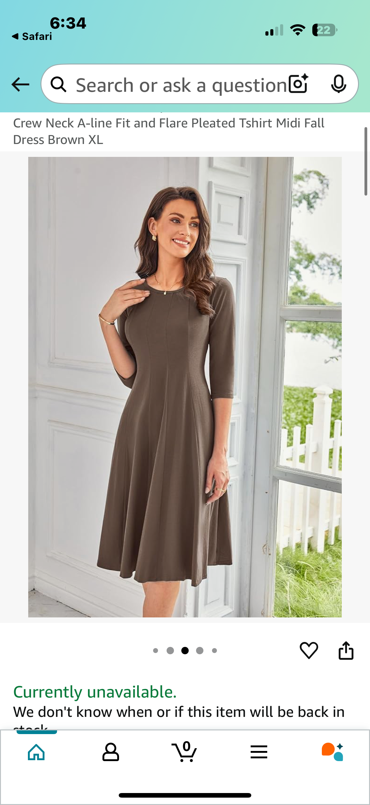 GRACE KARIN Women's 3/4 Sleeve Dresses Casual Crew Neck A-line Fit and Flare Pleated Tshirt Midi Fall Dress Brown (SizeXL)