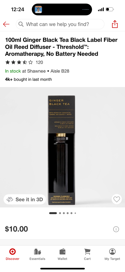 100ml Ginger Black Tea Black Label Fiber Oil Reed Diffuser - Threshold™: Aromatherapy, No Battery Needed