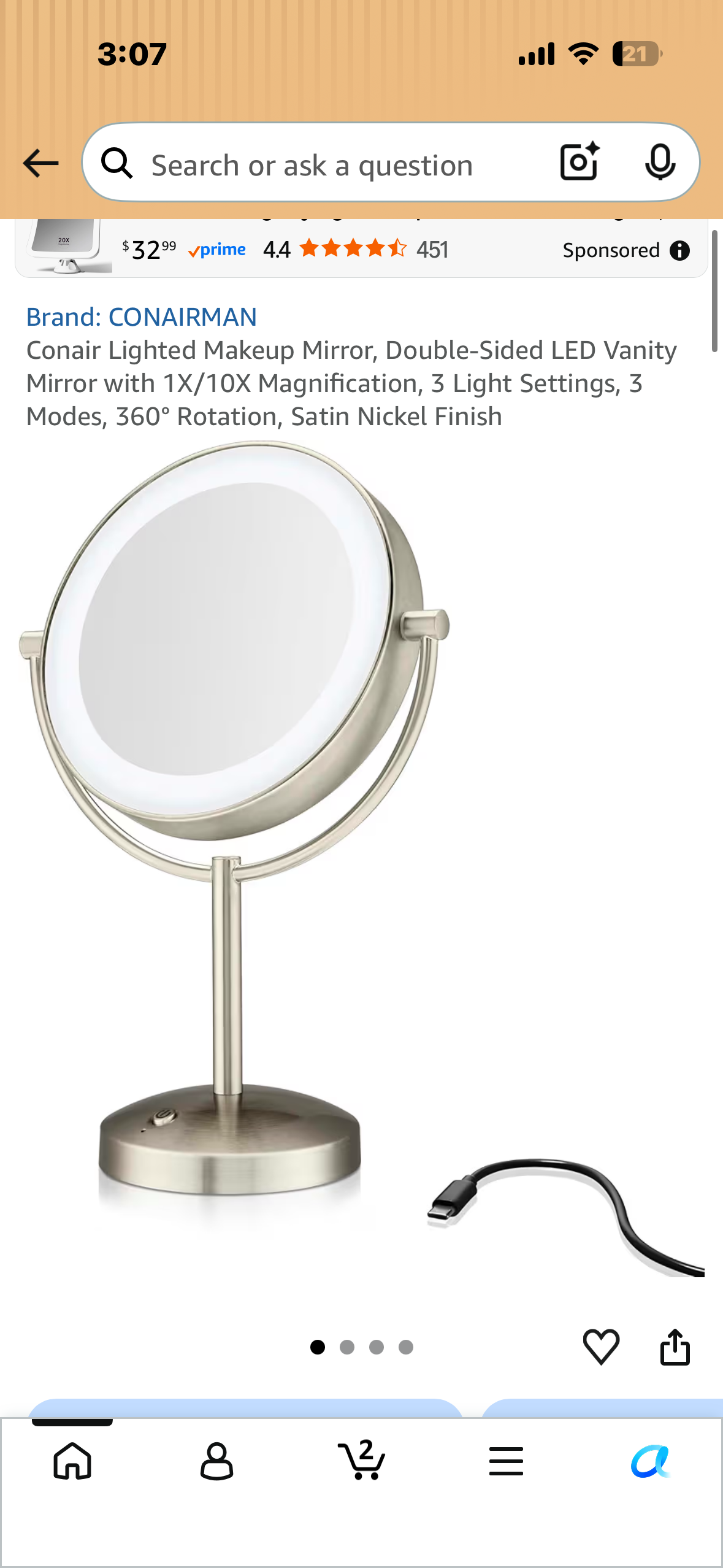 Conair Lighted Makeup Mirror, Double-Sided LED Vanity Mirror with 1X/10X Magnification, 3 Light Settings, 3 Modes, 360° Rotation, Satin Nickel Finish